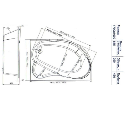 Ванна акриловая Mirsant ЯЛТА  170x100 см. левая 