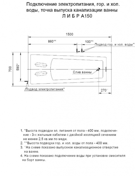 Ванна акриловая Aquatek ЛИБРА  170x70 см. 