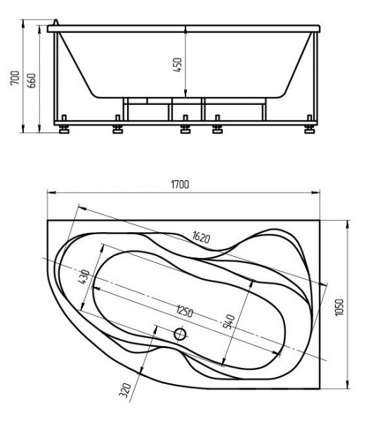 Ванна акриловая Aquatek ВЕГА  170x105 см. левая 